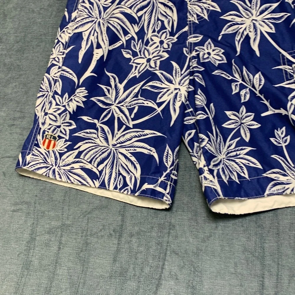Polo Ralph Lauren Swim Trunks Shorts Mens M Blue Tropical Palm Print Mesh Lined